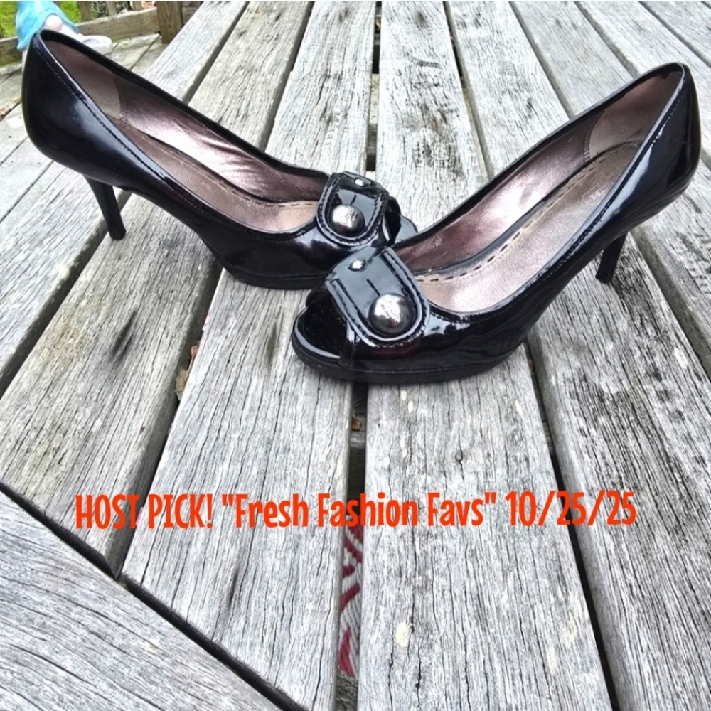 🎉🎊 HOST PICK! COACH Black Patent Leather Peep-Toe Heels with Kitten Heel